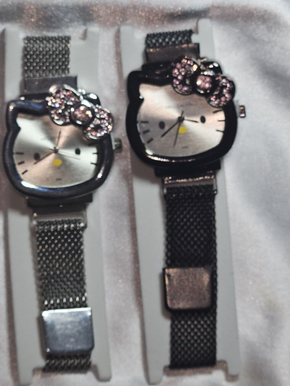 Silver & Black Mesh Hello Kitty Style Watch Set with Pink Crystal Bow